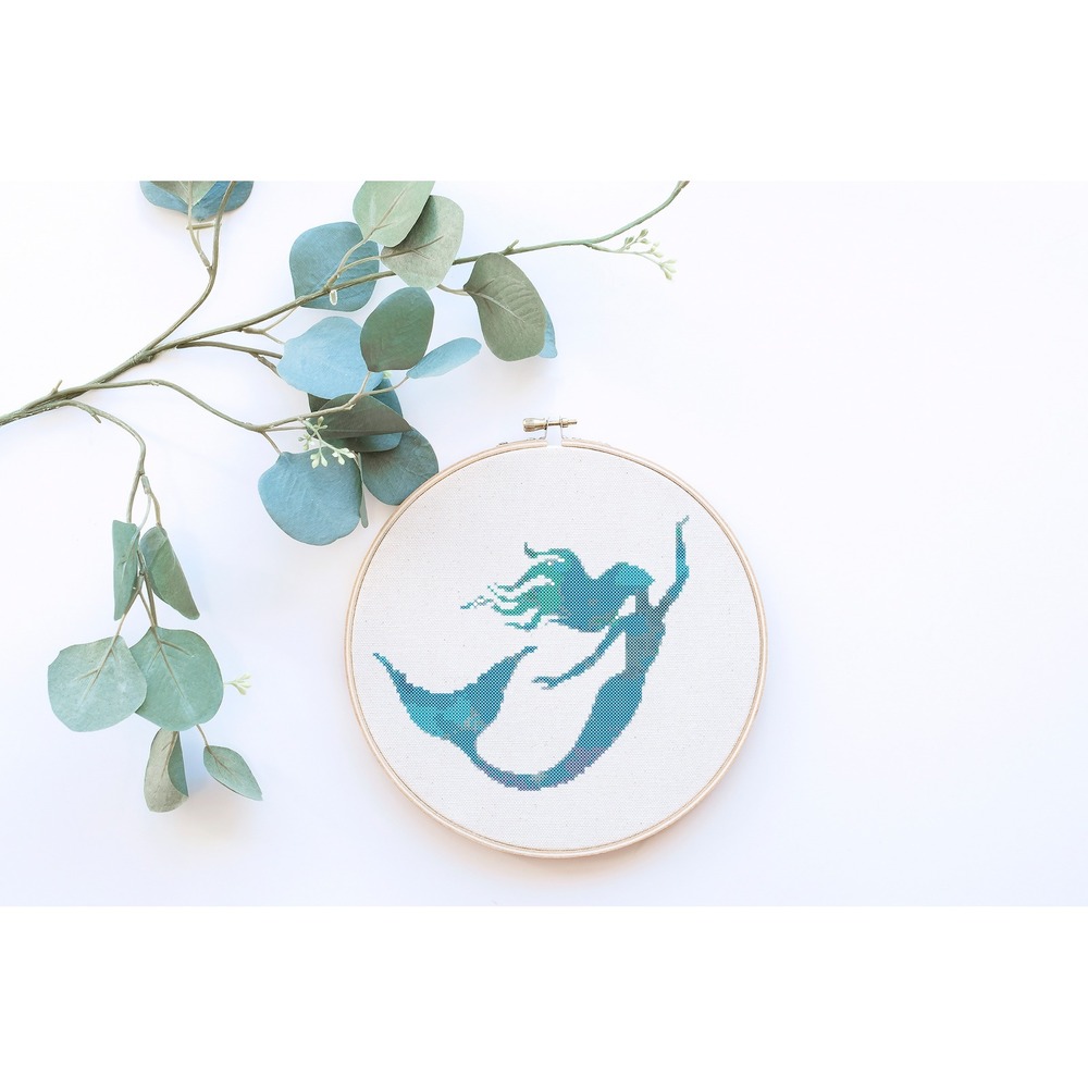 Blue Mermaid Beach Art Counted Cross Stitch‎ Pattern Chart